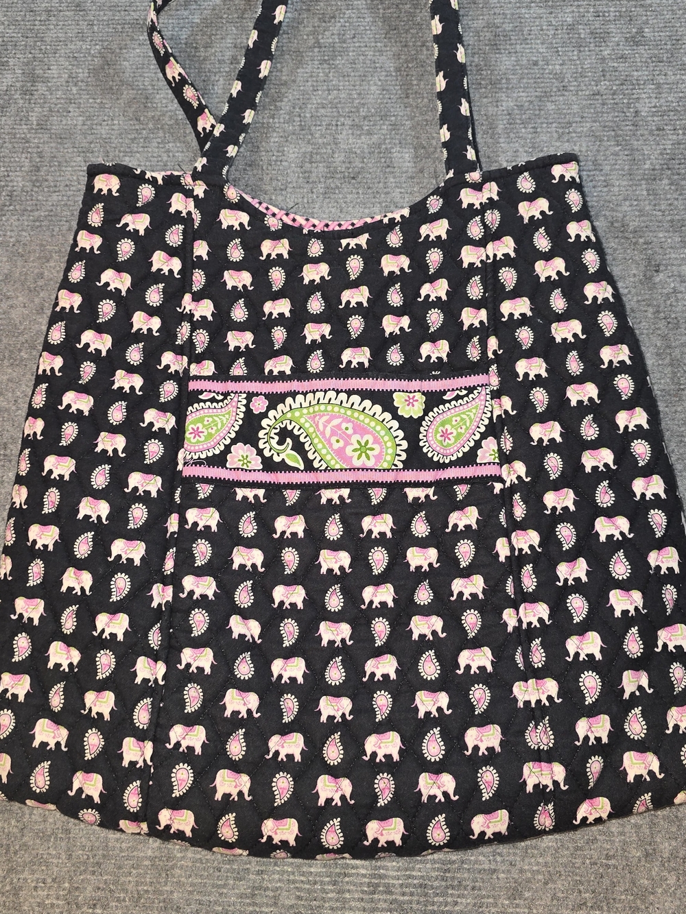 Vera Bradley Pink Elephants Large Curvy Tote Retired 2007 Black Pink Paisley
